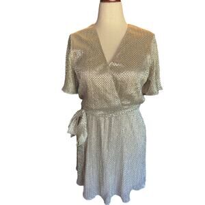 Waverly Grey Metallic Belted Dress | Short Sleeve | V-Neck | Size 10